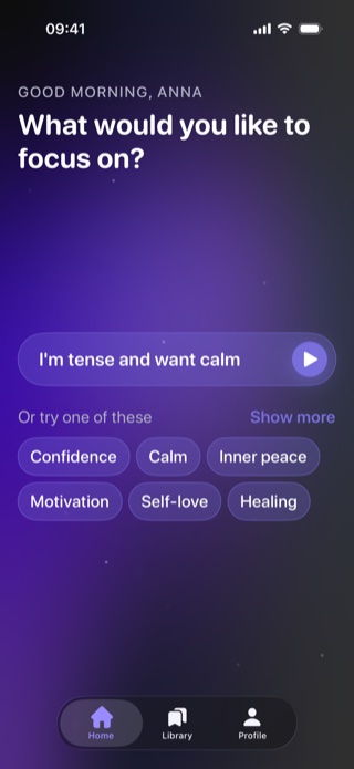 Here app home screen asking what you would like to focus on, with suggestions like Confidence, Calm and Self-love