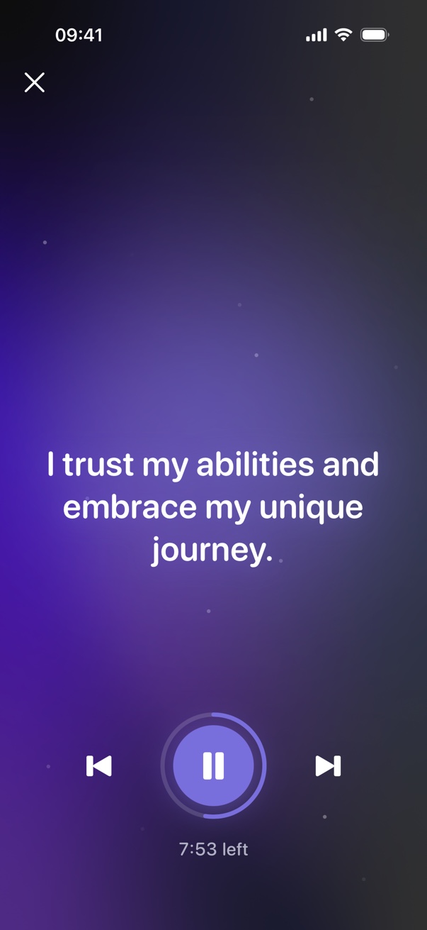 Here app playing the spoken affirmation 'I trust my abilities and embrace my unique journey' on a calm violet player screen