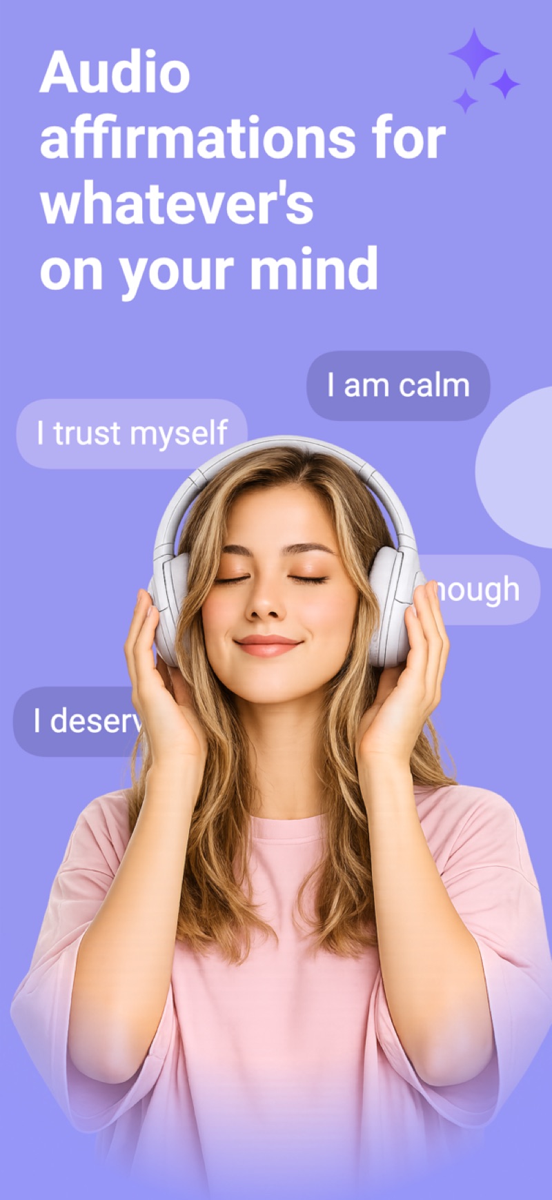 Woman with headphones listening to calming audio affirmations like 'I am calm' and 'I trust myself'