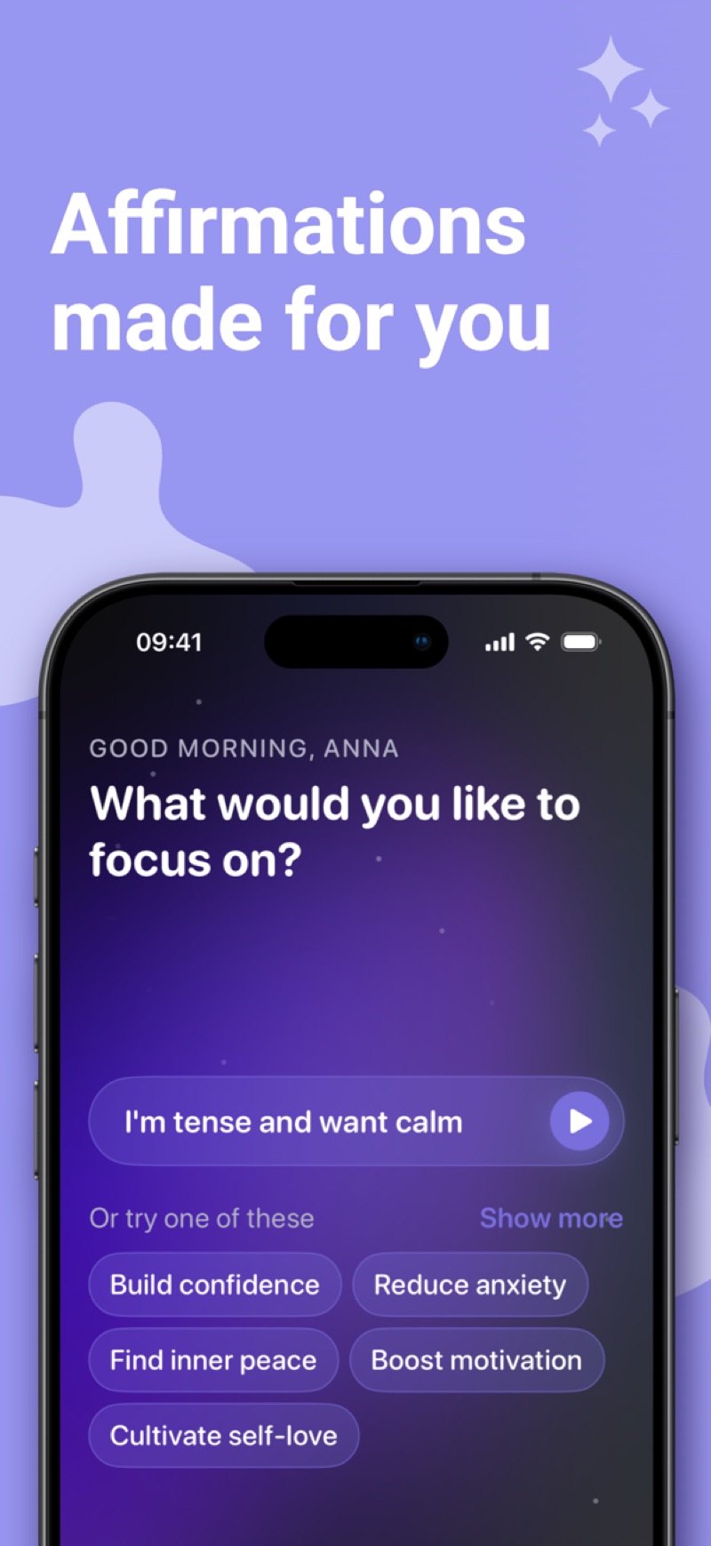 Here app screen asking what you would like to focus on, with a Reduce anxiety suggestion