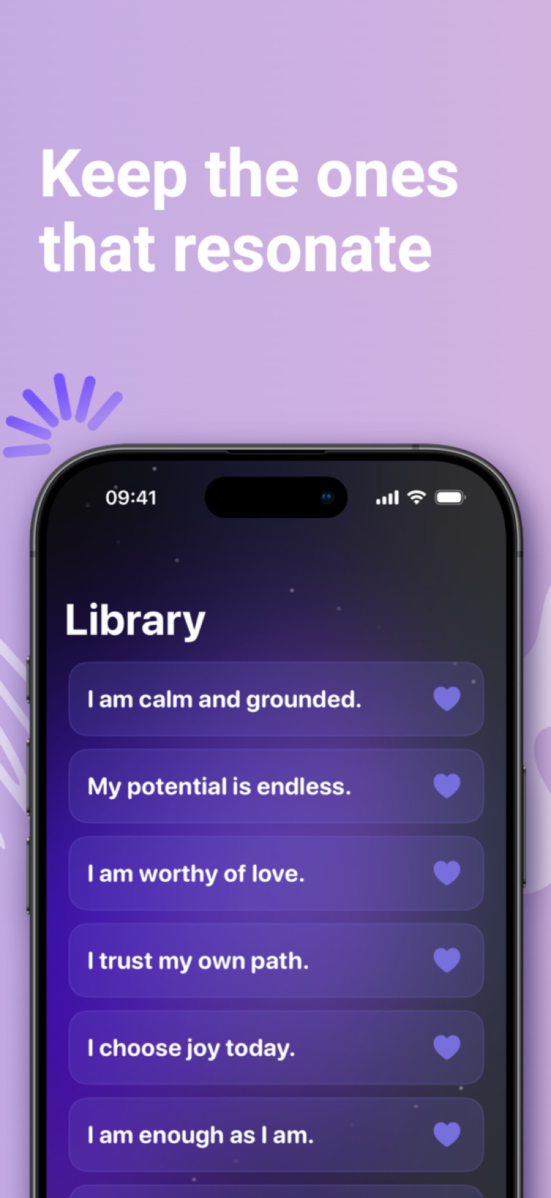 Here app library of saved affirmations including 'I am worthy of love' and 'I am enough as I am'