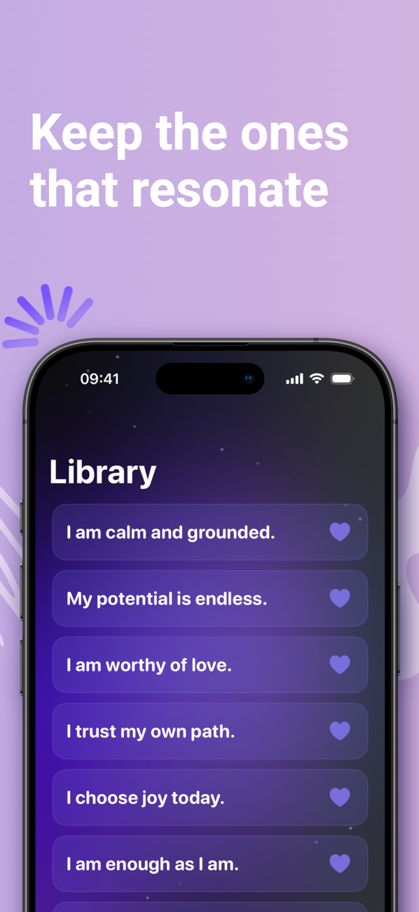 Affirmations library with saved favorites like 'I am calm and grounded' and 'I am enough as I am'