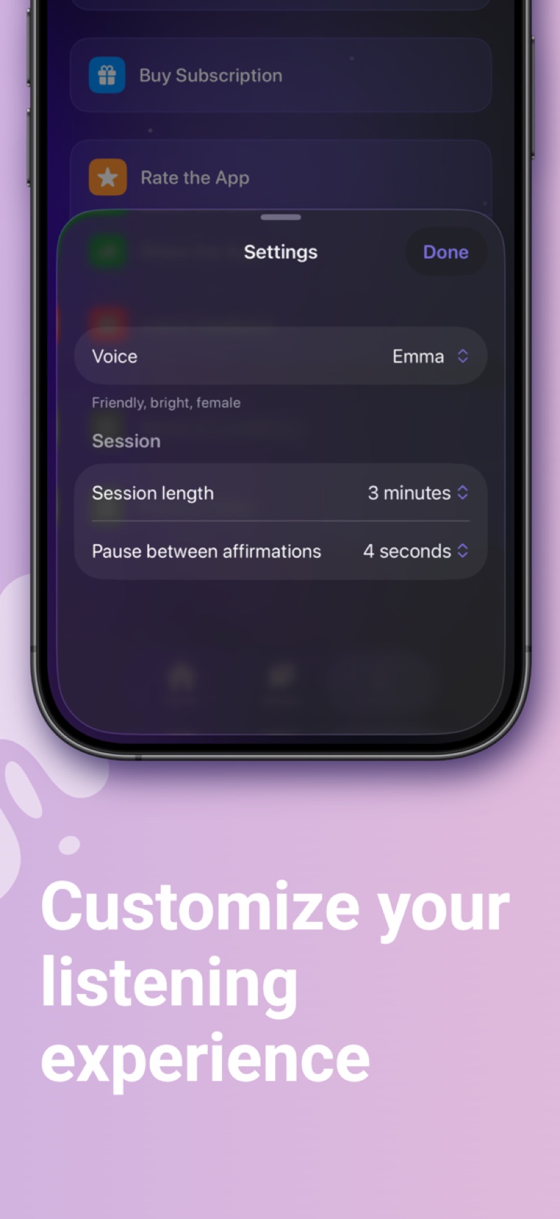 Here app settings showing voice choice, session length, and pause between affirmations