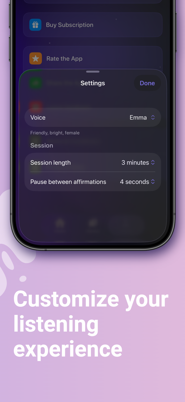 Settings for voice, session length and pause between affirmations